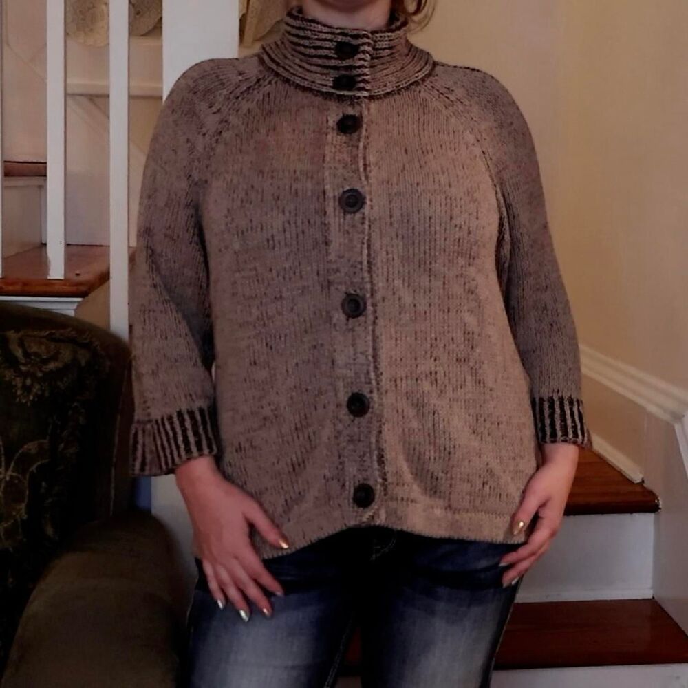 Cool Brown High Neck Cardigan 3/4 Sleeves XL Croft Barrow Cottagecore Knit Boho
